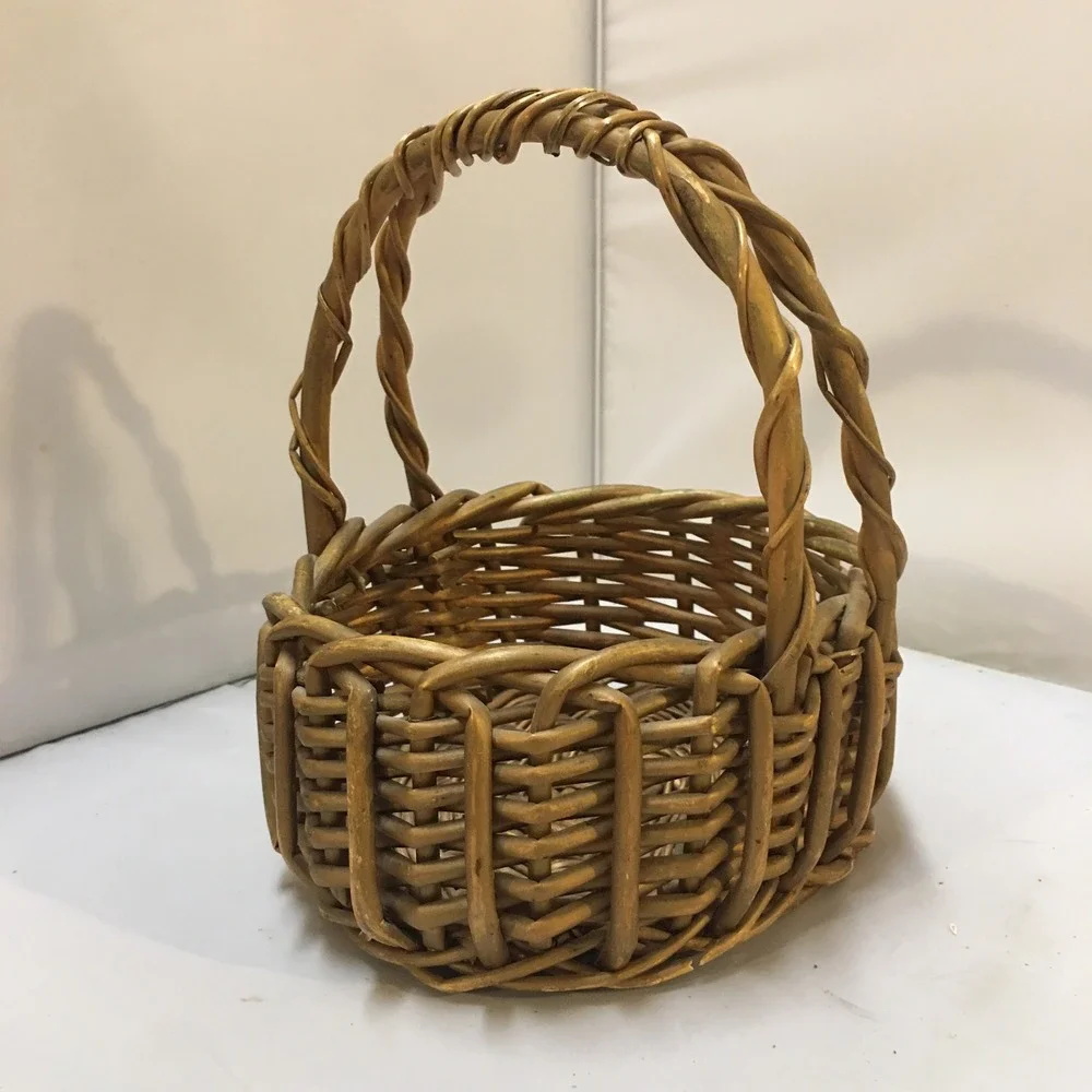 Woven Wicker Basket Small Gold Brown Rustic Double Handle Decor Cottagecore